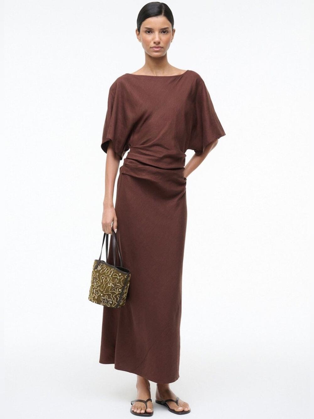Staud Amelie Linen Dress Dark Oak M
